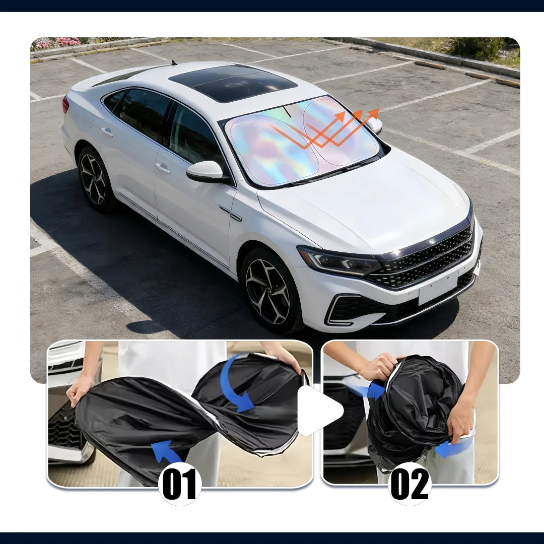 A white car with an iridescent UV reflective windshield sun shade being installed.