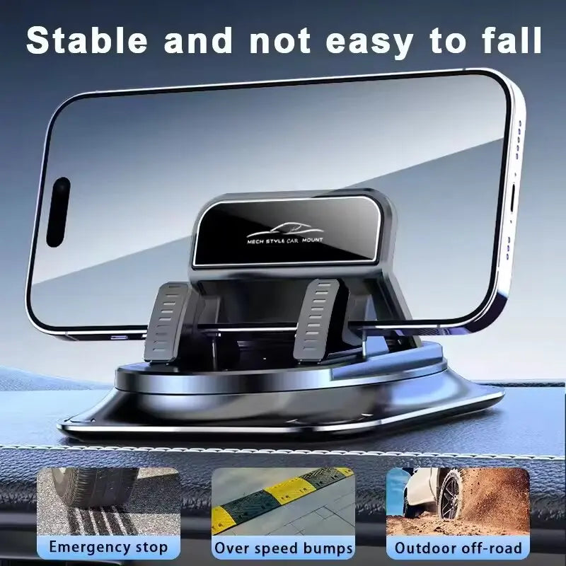 A black 360 degree rotating car phone mount is shown with various usage scenarios like emergency stop, speed bumps, and outdo