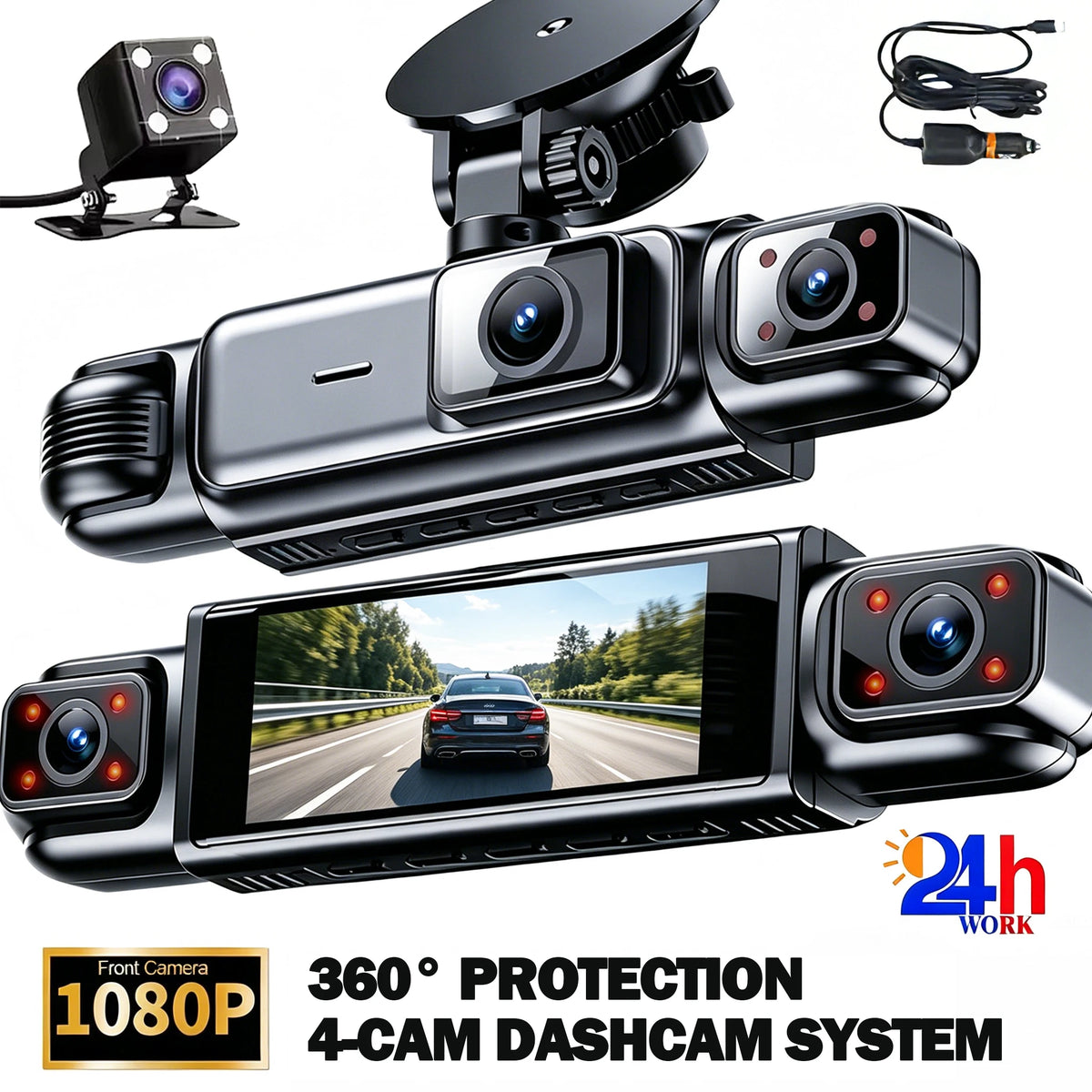 Système de caméra 4 en dashcam noire avec écran pour la surveillance du véhicule.