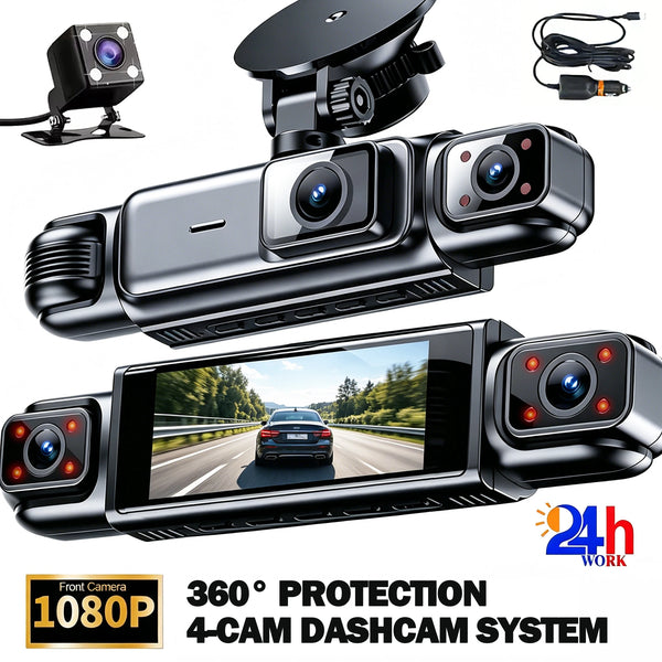 A black 4-cam dashcam system featuring multiple cameras and a display screen for vehicle monitoring.