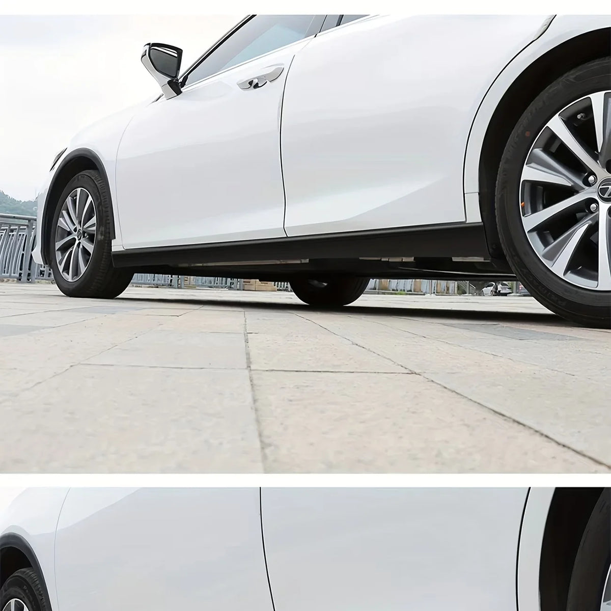 A white car features a black self-adhesive PVC side protection strip installed along the lower door edge.