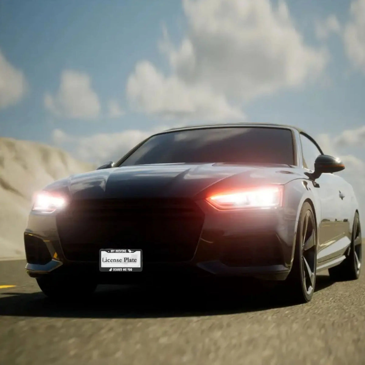 A black sports car is driving on a road with a license plate frame visible.