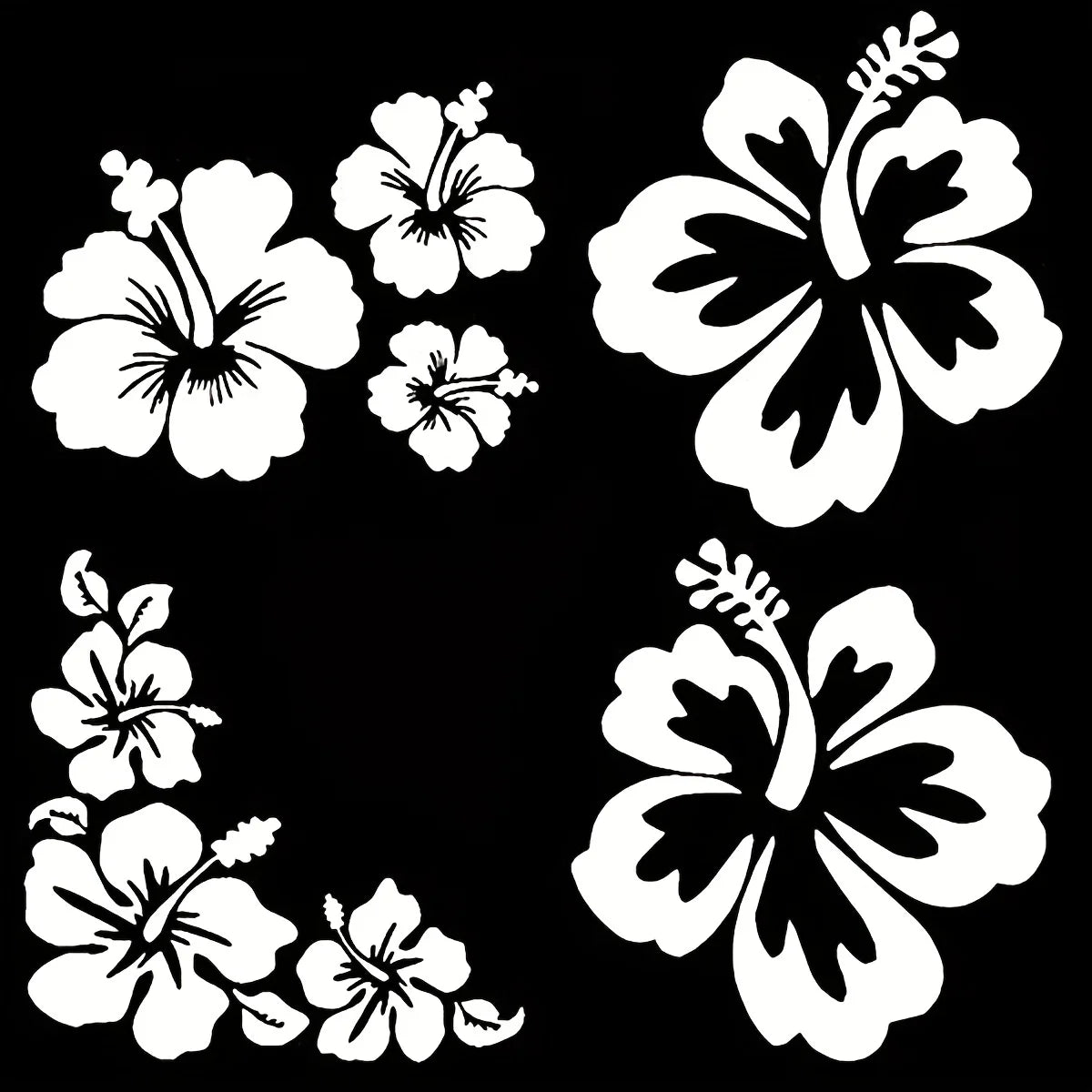 Schwarz-weißes Blumenmuster mit verschiedenen Hibiskusblüten und Blättern.