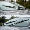 Nahaufnahme von Scheibenwischerblättern eines Autos, nass vom Regen.