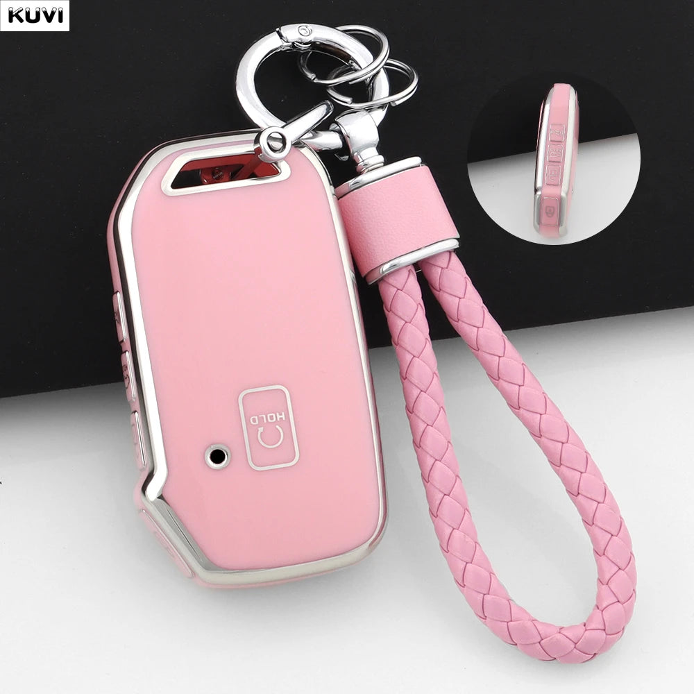 A pink durable TPU car key fob cover protector with a lanyard and key ring.