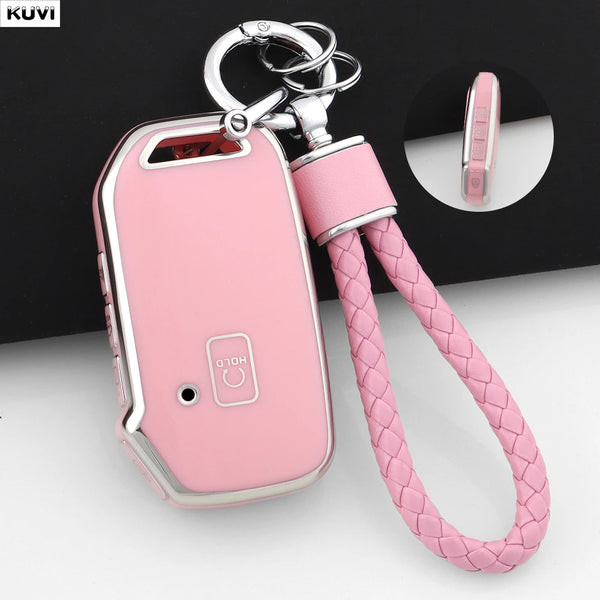 A pink durable TPU car key fob cover protector with a lanyard and key ring.