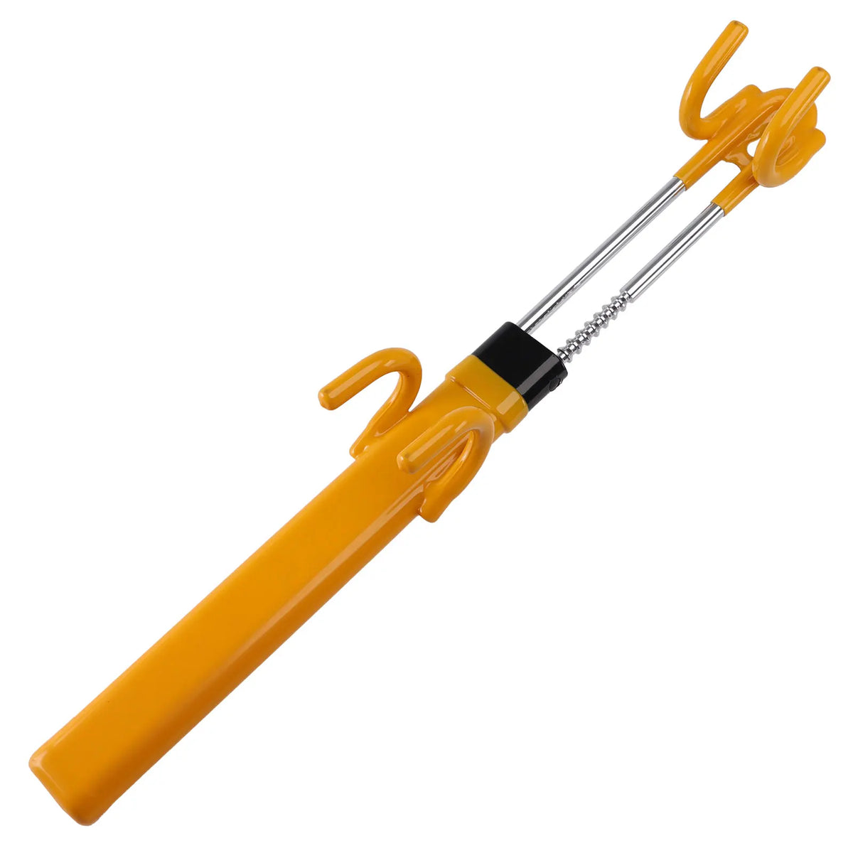 A yellow heavy duty adjustable steering wheel lock tool with long metal arms and a black handle.