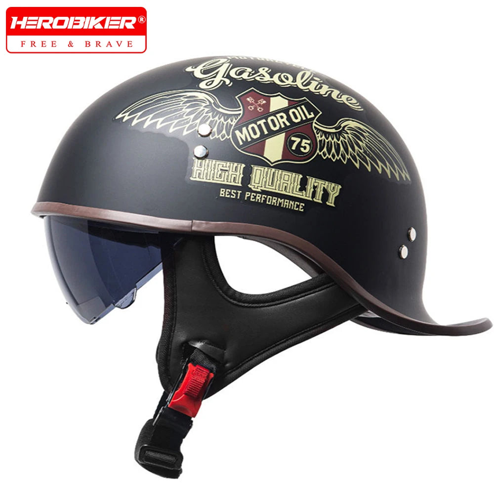 Casque de moto vintage noir avec graphismes or et jaune : "Gasoline Motor Oil 75 High Qual"