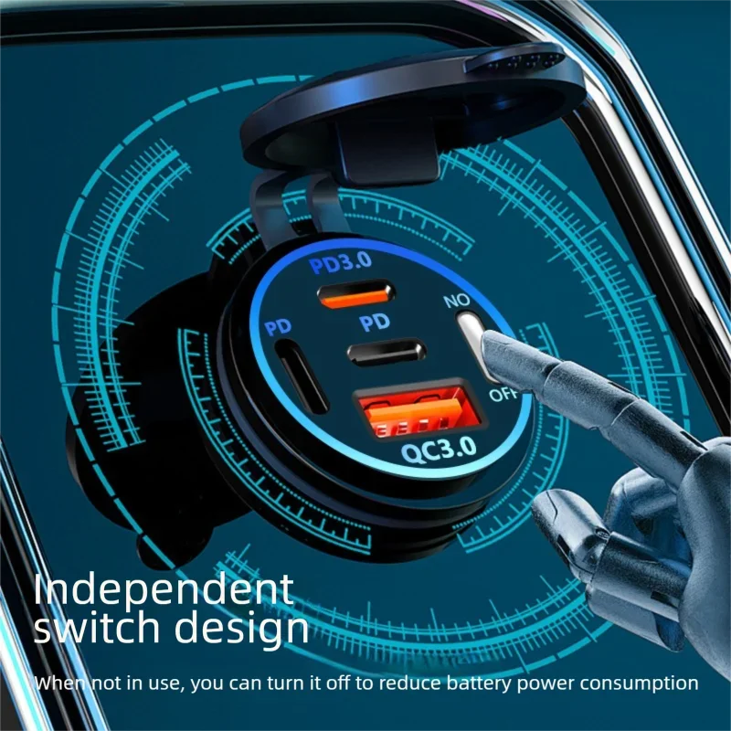 Close-up of an independent switch design multi-port PD/QC car charger adapter with a digital display and power indicators.