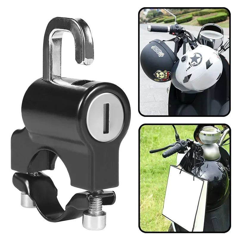 A heavy duty anti-theft helmet lock for motorcycles and bikes, shown in black and silver.
