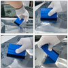 A hand wearing a white glove is applying a blue and black window tint kit to a car window.