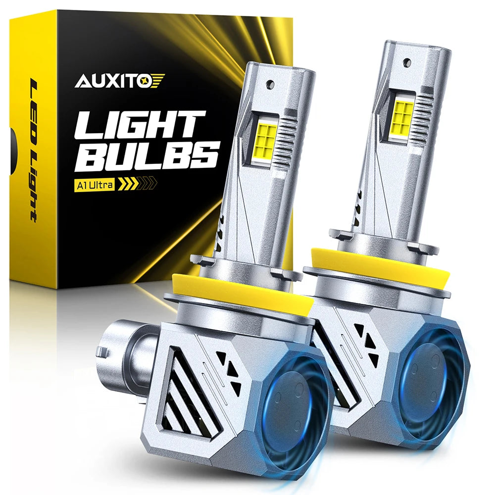 Ein Paar AUXITO A1 Ultra LED-Glühbirnen neben ihrer Verpackungskarton.