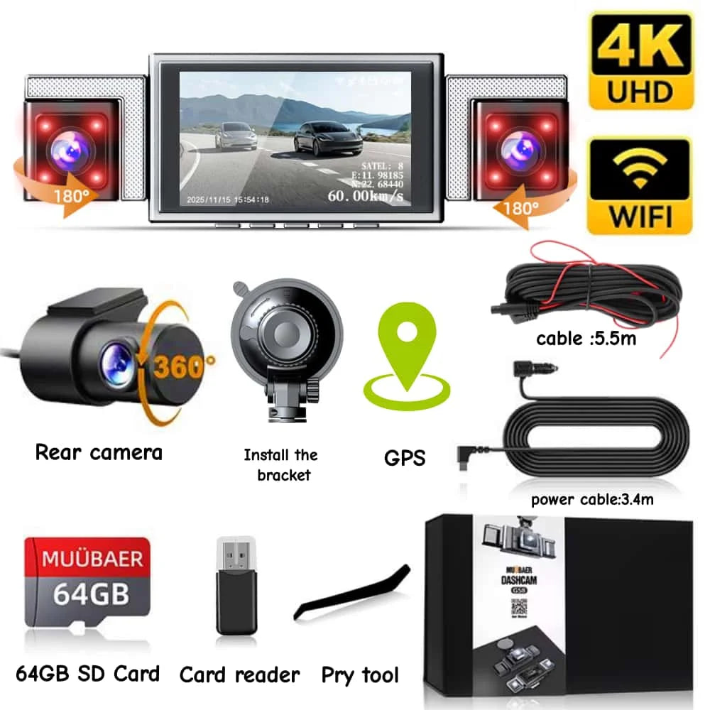 A set of 4K dash cameras, a GPS locator, and a 64GB SD card reader for a vehicle