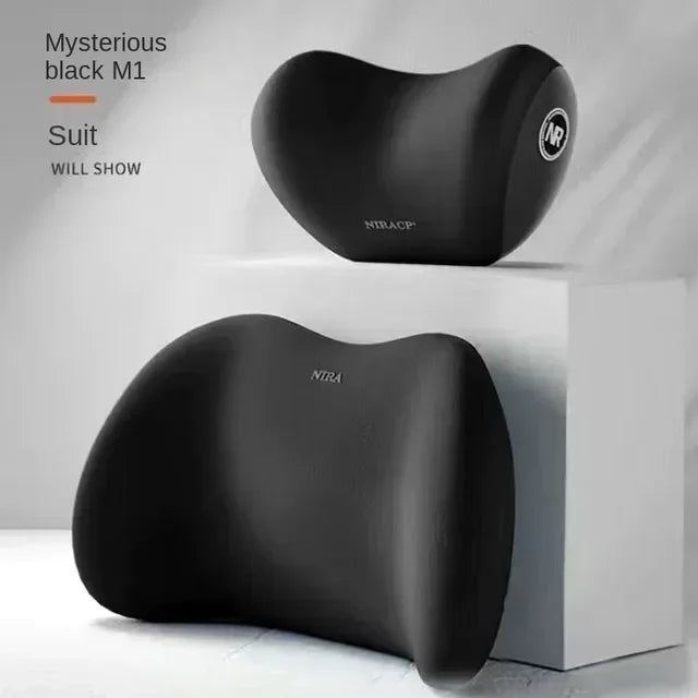 A black ergonomic memory foam suit is shown in a profile view on a white surface.