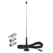 A black high-gain FM/VHF radio antenna with an F-type connector and a long cable.