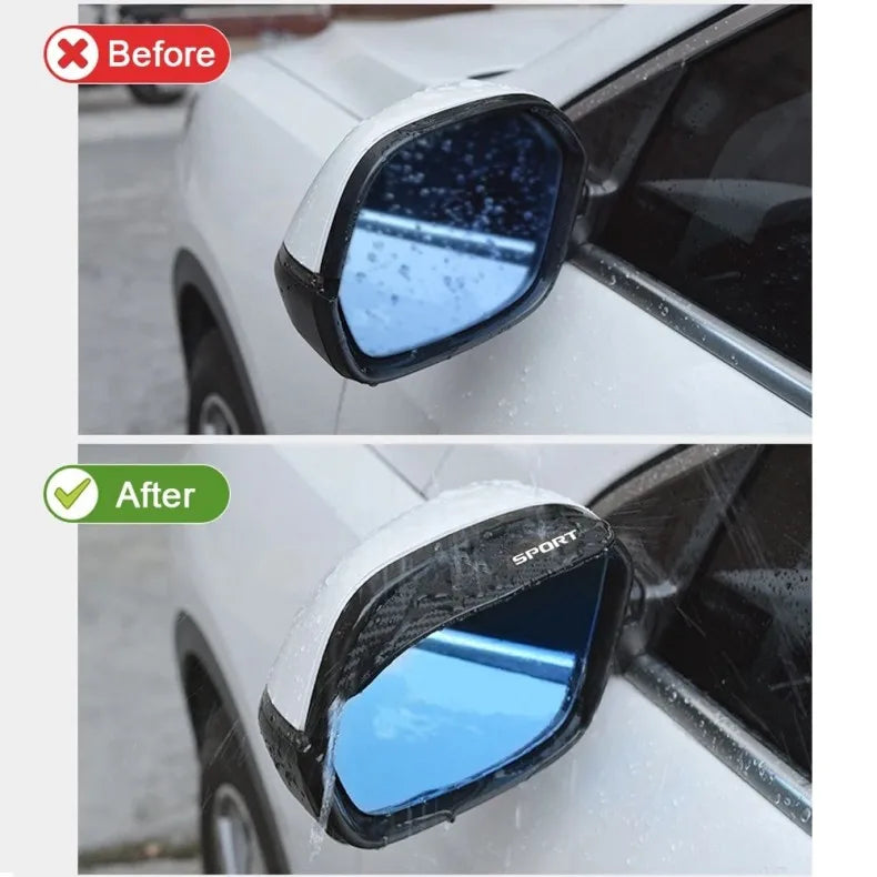 Before and after comparison of a car side mirror rain deflector set installation