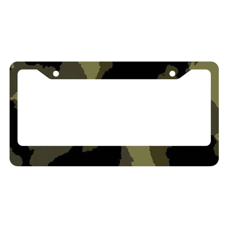 A black license plate cover with a camouflage pattern featuring olive green and dark green tones.