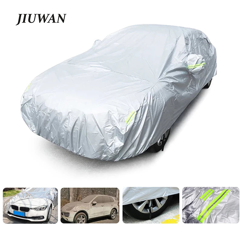 A white all-weather car cover draped over a sedan, showing its fit and protective features.