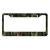 A rectangular license plate cover made of camouflage wood planks.