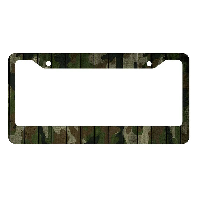 A rectangular license plate cover made of camouflage wood planks.