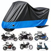 A black motorcycle waterproof protection cover is shown in various sizes, including 4XL, 3XL, 2XL, XL, L, and M.