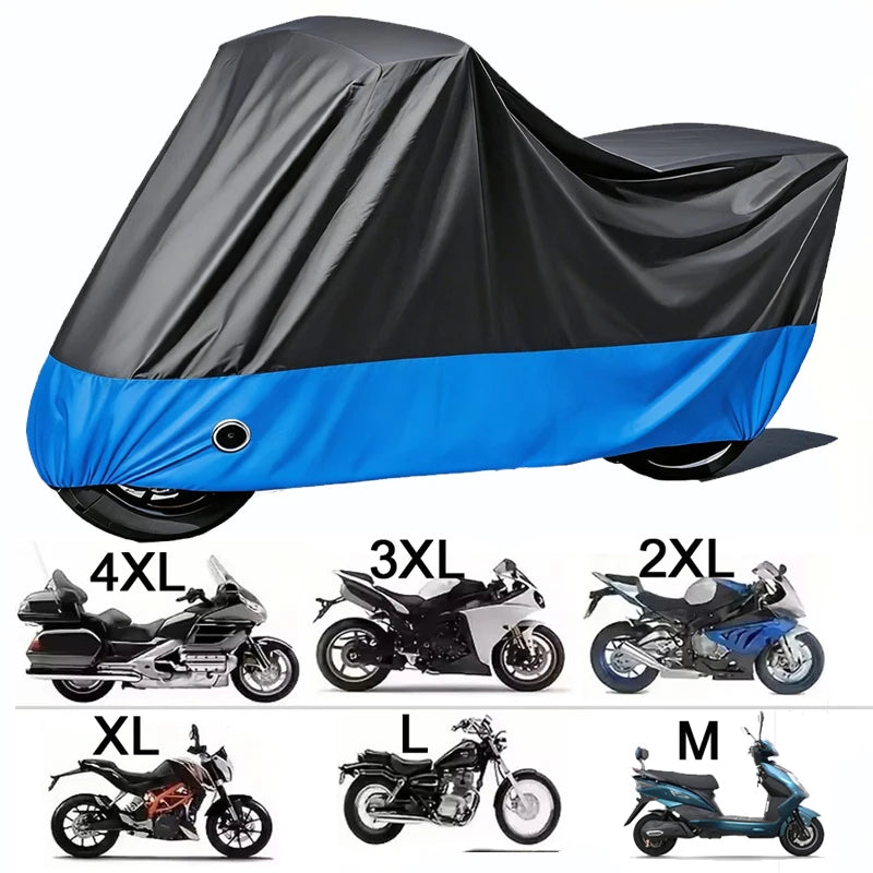 A black motorcycle waterproof protection cover is shown in various sizes, including 4XL, 3XL, 2XL, XL, L, and M.