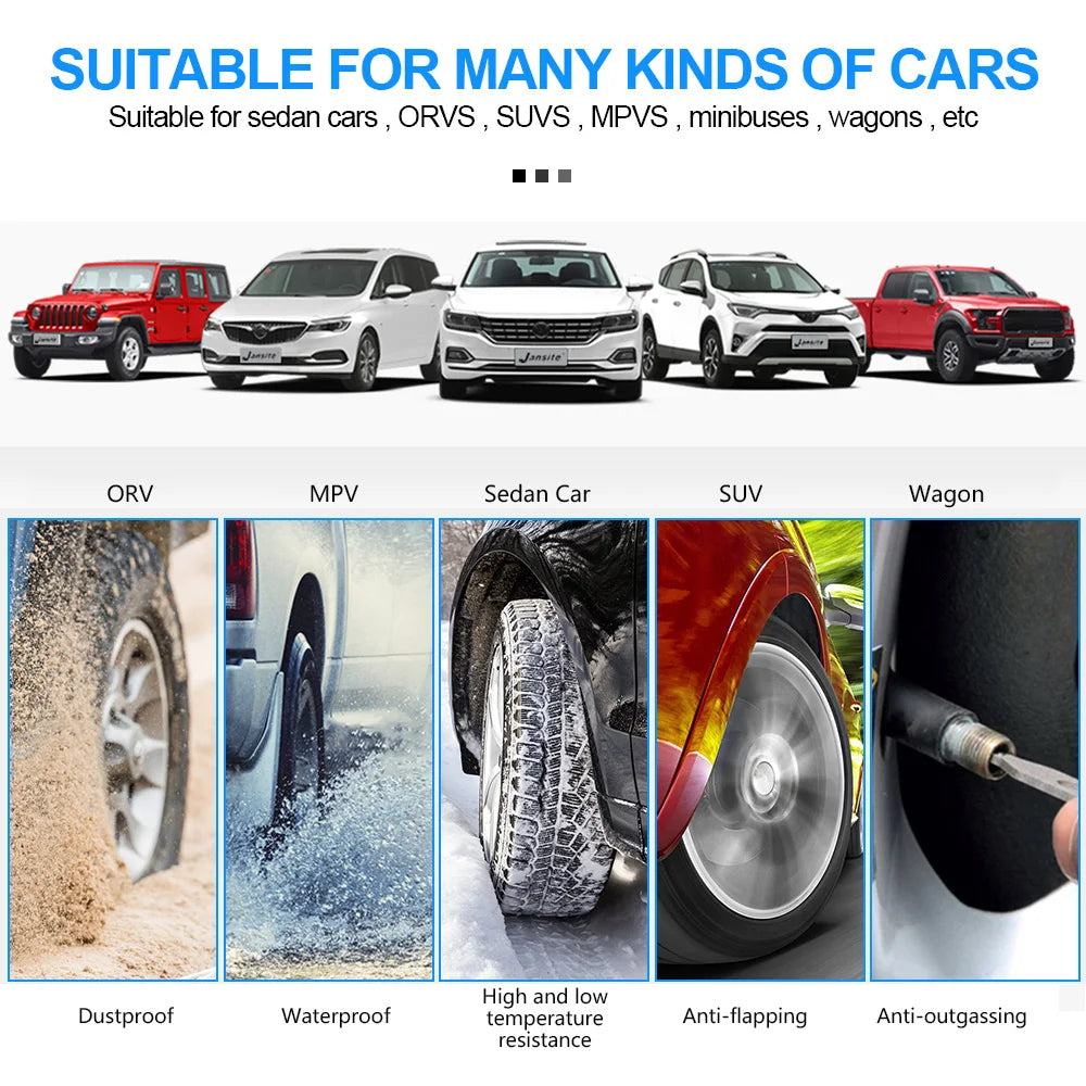A portable solar TPMS tire pressure monitoring system shown with various car types and testing features.