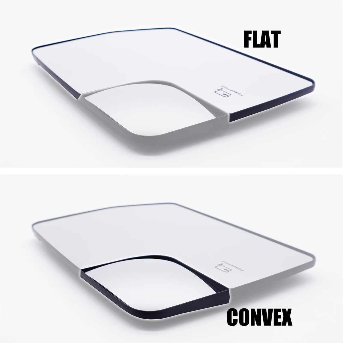 A comparison showing a flat and convex heated side mirror glass for a Ford F-150 truck.