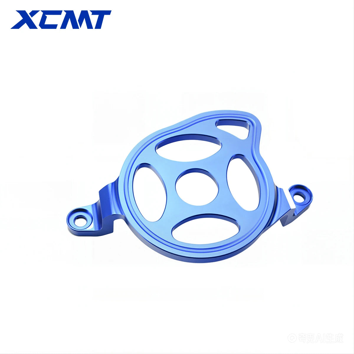 A blue aluminum engine guard designed for off-road motorcycles.