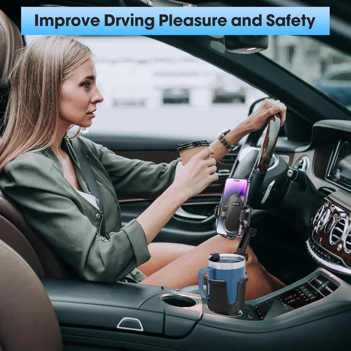 A woman drives a car with an adjustable cup holder phone mount installed on the dashboard.