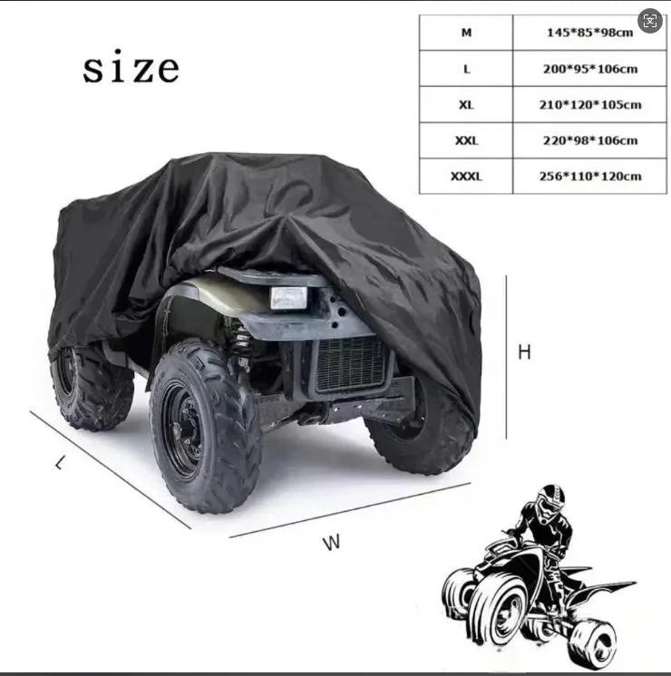 Un ATV o quad de uso rudo negro con una cubierta protectora, mostrado en varios tamaños.