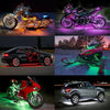 A collection of motorcycles featuring vibrant purple and green RGB LED underglow lighting.