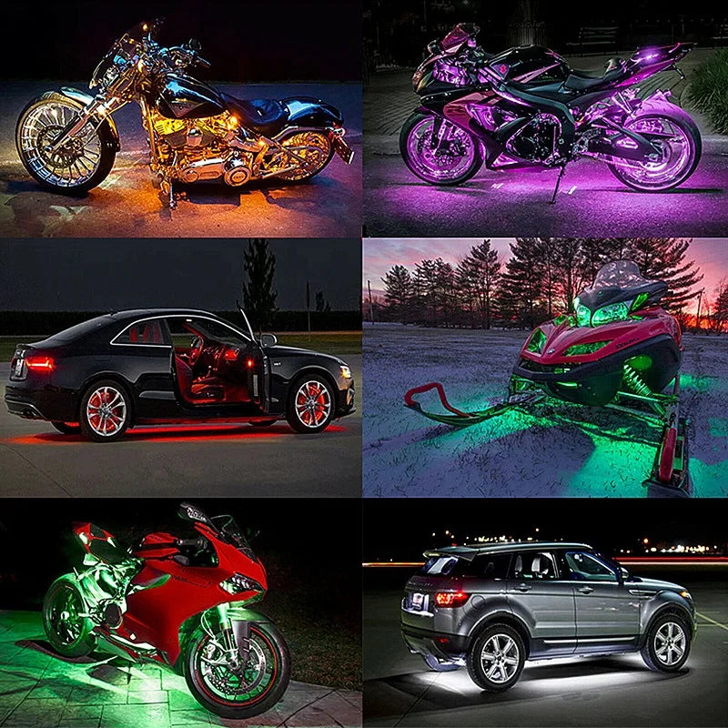 A collection of motorcycles featuring vibrant purple and green RGB LED underglow lighting.