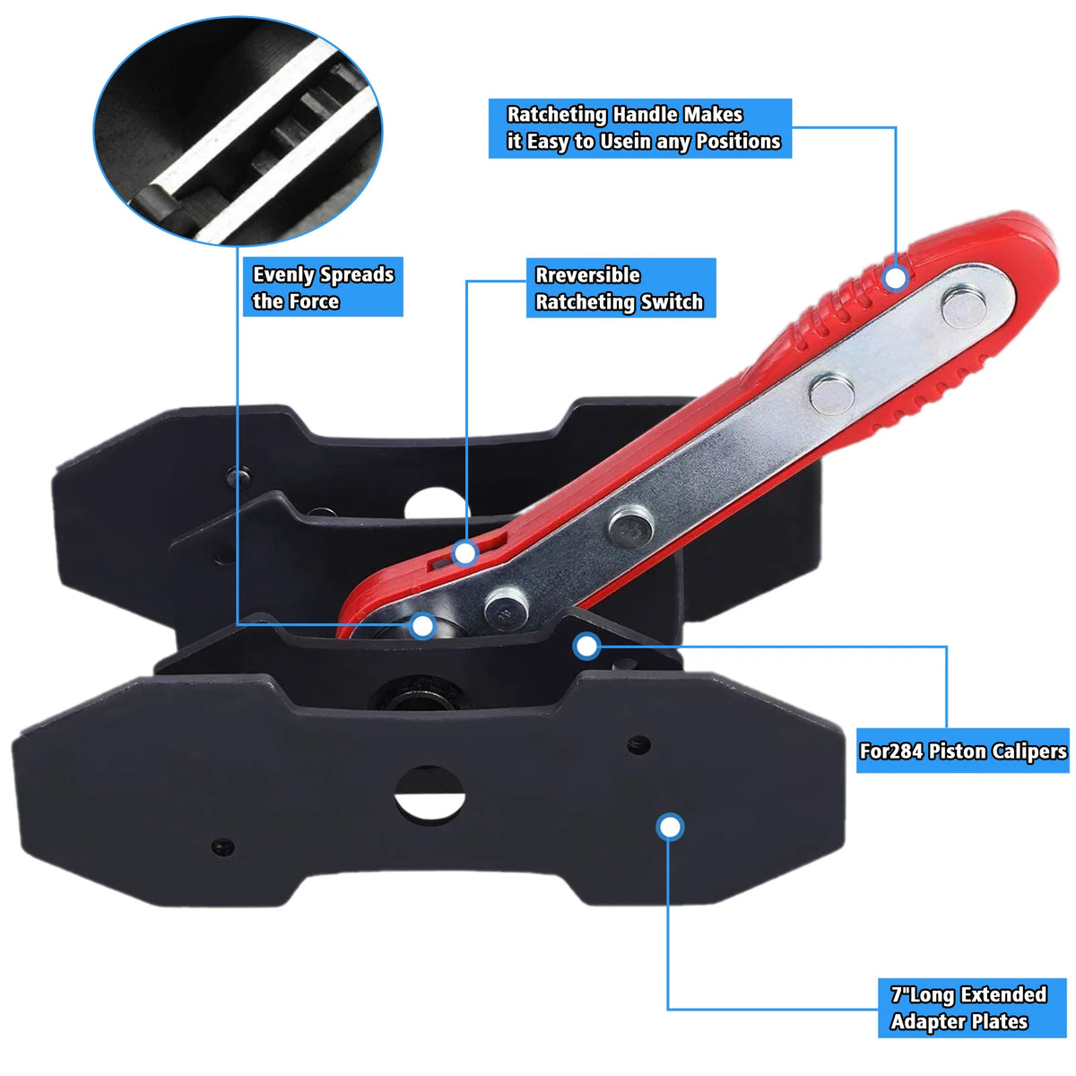 A heavy-duty brake caliper piston spreader tool with a red handle and adapter plates shown in detail.