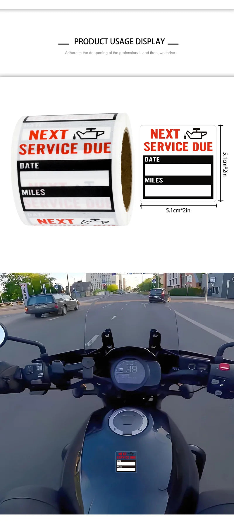A close-up view of a motorcycle dashboard showing an oil change reminder sticker.