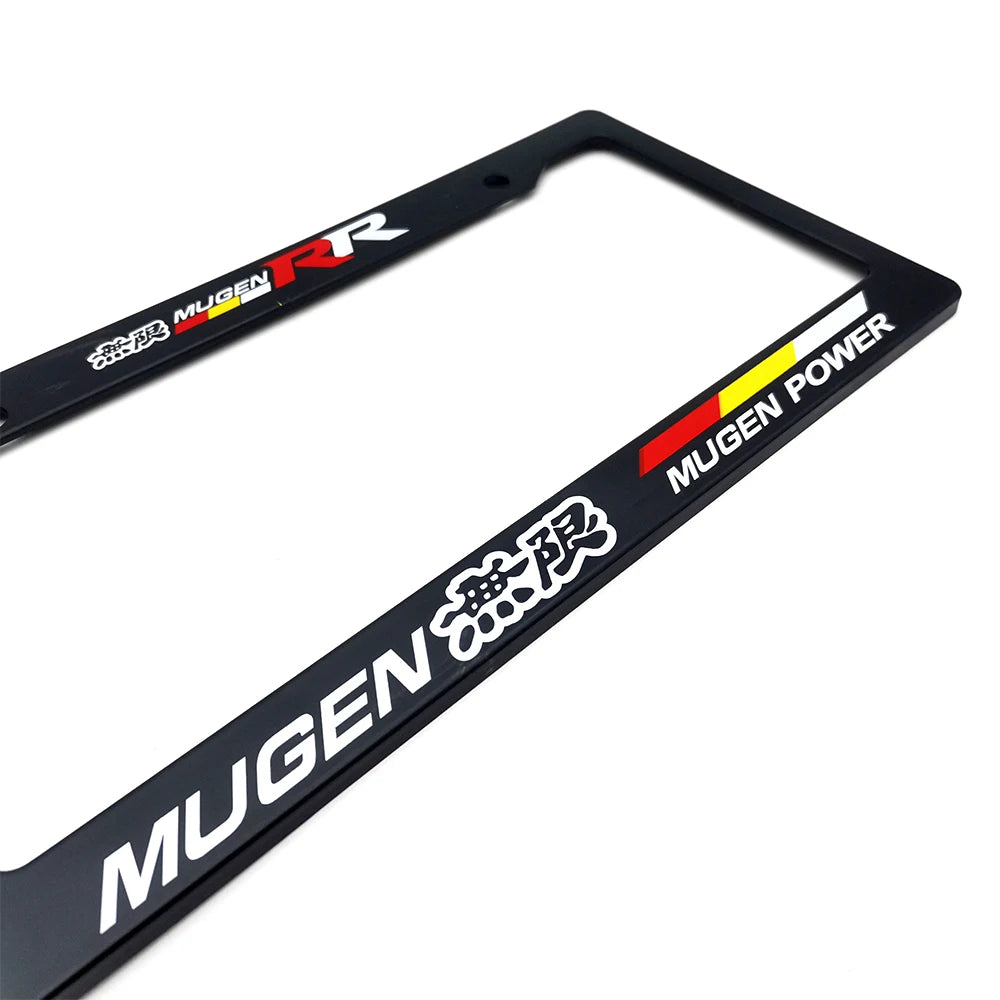 Black license plate frame decoration with MUGEN branding and power text