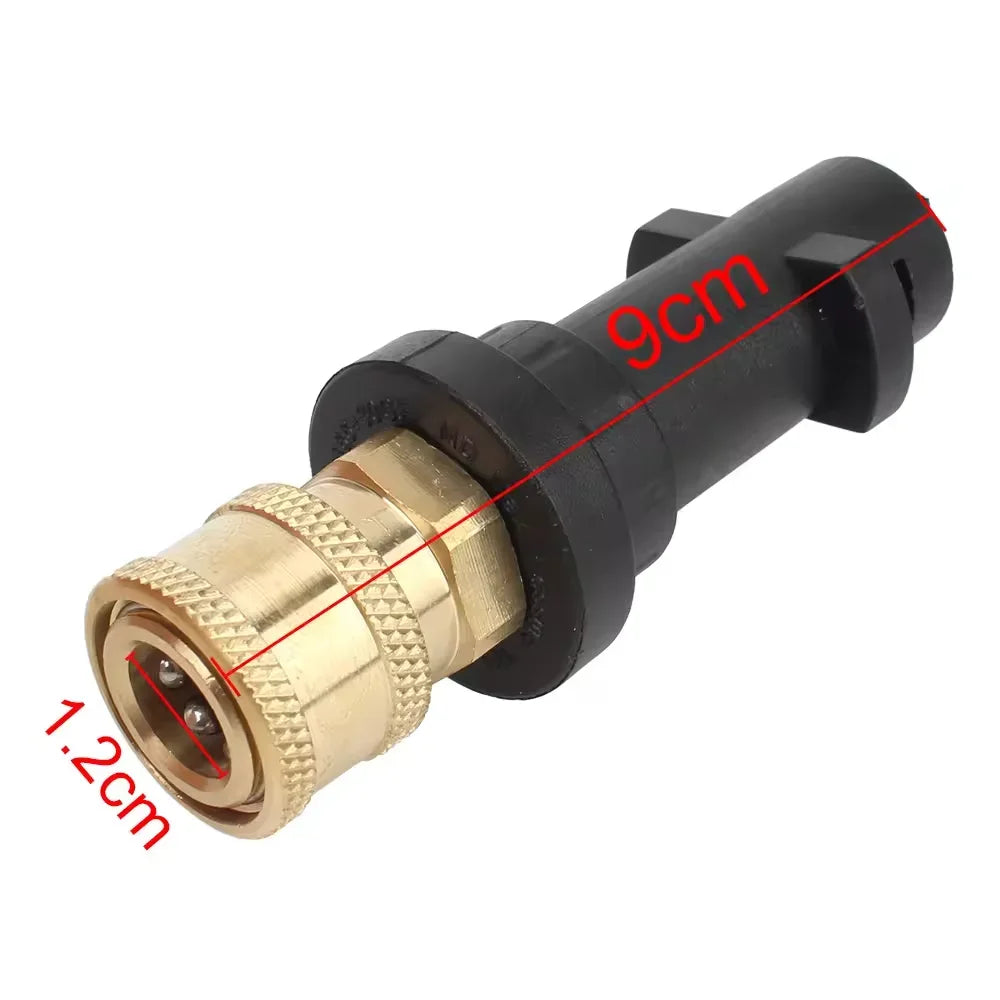 Adaptador de hidrolavadora negro con conexión de latón y longitud de 9 cm, mostrando sus dimensiones.