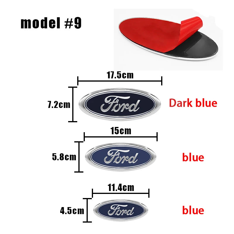 A set of three Ford emblem badges in dark blue, blue, and a lighter blue color.