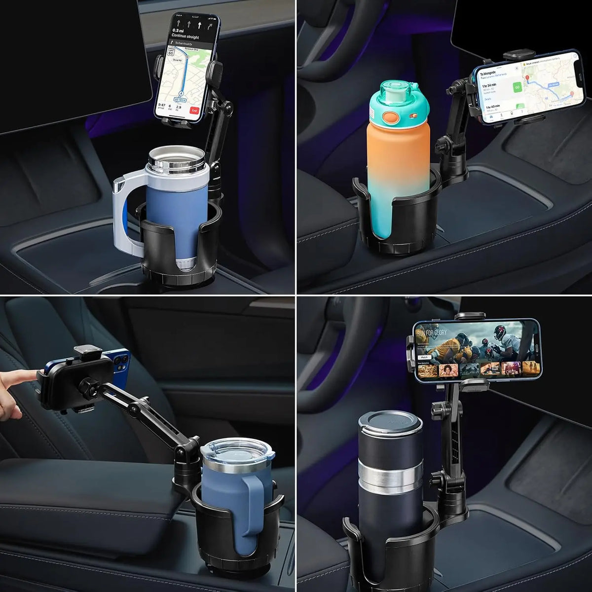 A set of adjustable cup holders and phone mounts for a car, showing various mounting options.