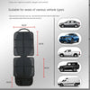 Black universal car seat protector for kids with side flaps and ISOFIX access shown with various vehicle types.