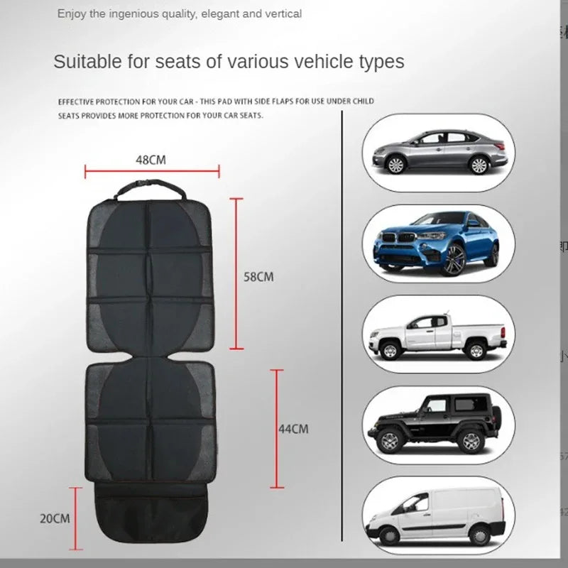 Black universal car seat protector for kids with side flaps and ISOFIX access shown with various vehicle types.