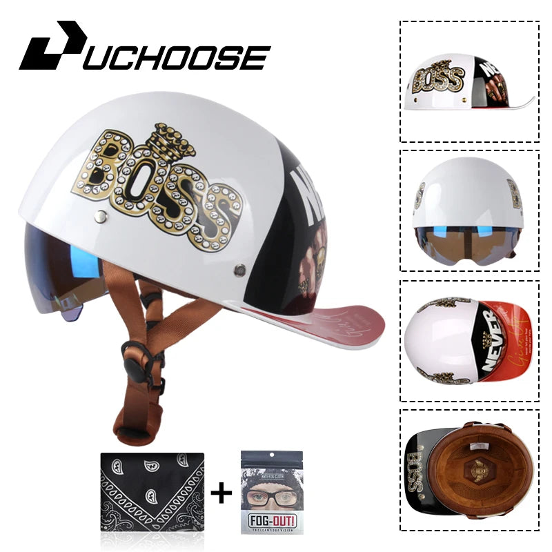 A white motorcycle helmet with gold Boss logo and a brown strap, shown alongside accessories.