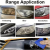 A close-up of an automotive headlight showing the effects of yellowing, blur, and scratches, with a hand applying a cleaning 