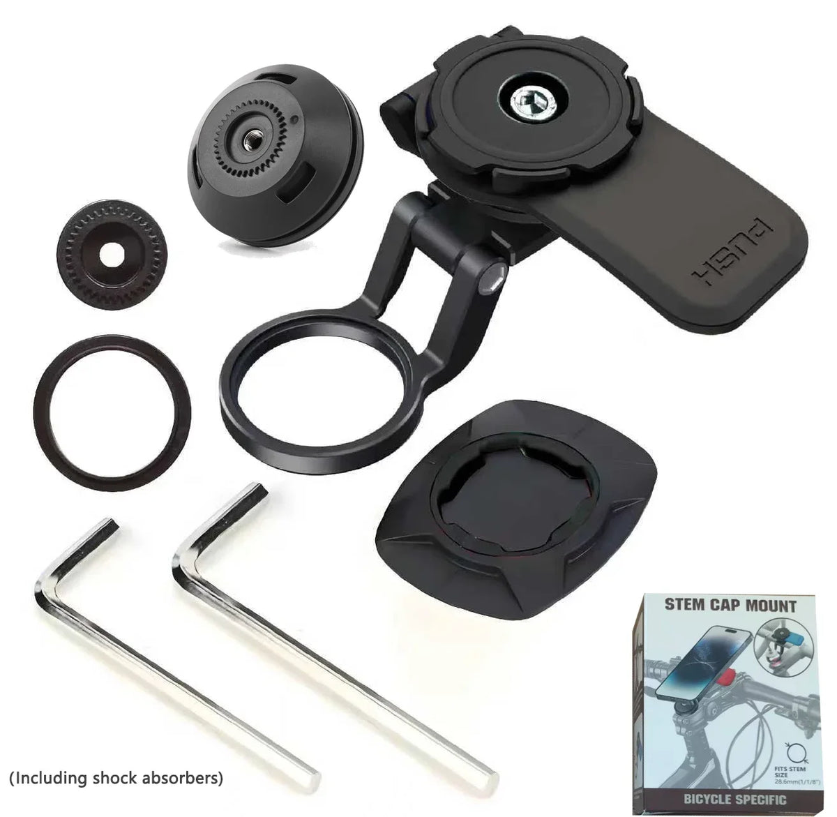 A black universal motorcycle phone mount with various mounting options including a clamp and shock absorbers.