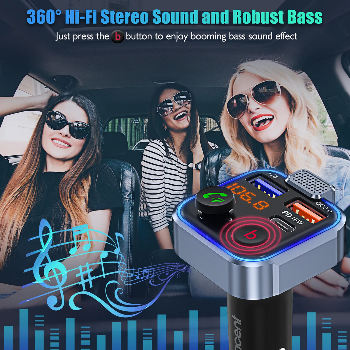 A female driver is using a Bluetooth car audio transmitter with a booming bass sound effect in her car.