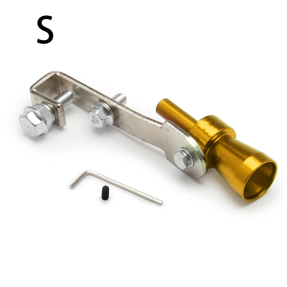 A silver and gold universal turbo exhaust whistle assembly with mounting hardware and a small metal rod.