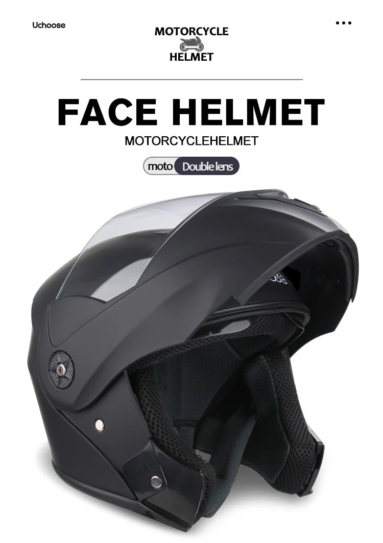 A black motorcycle face helmet is shown from the side, featuring a clear visor and protective padding.