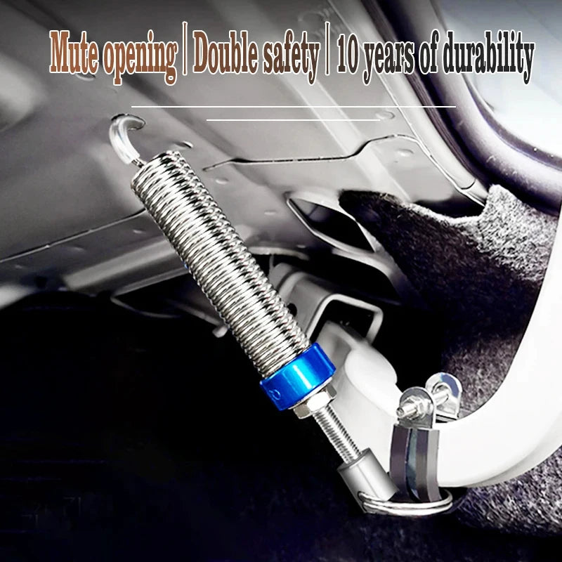 Close-up of a mute opening double safety trunk lid lifter spring mechanism installed in a car door frame.