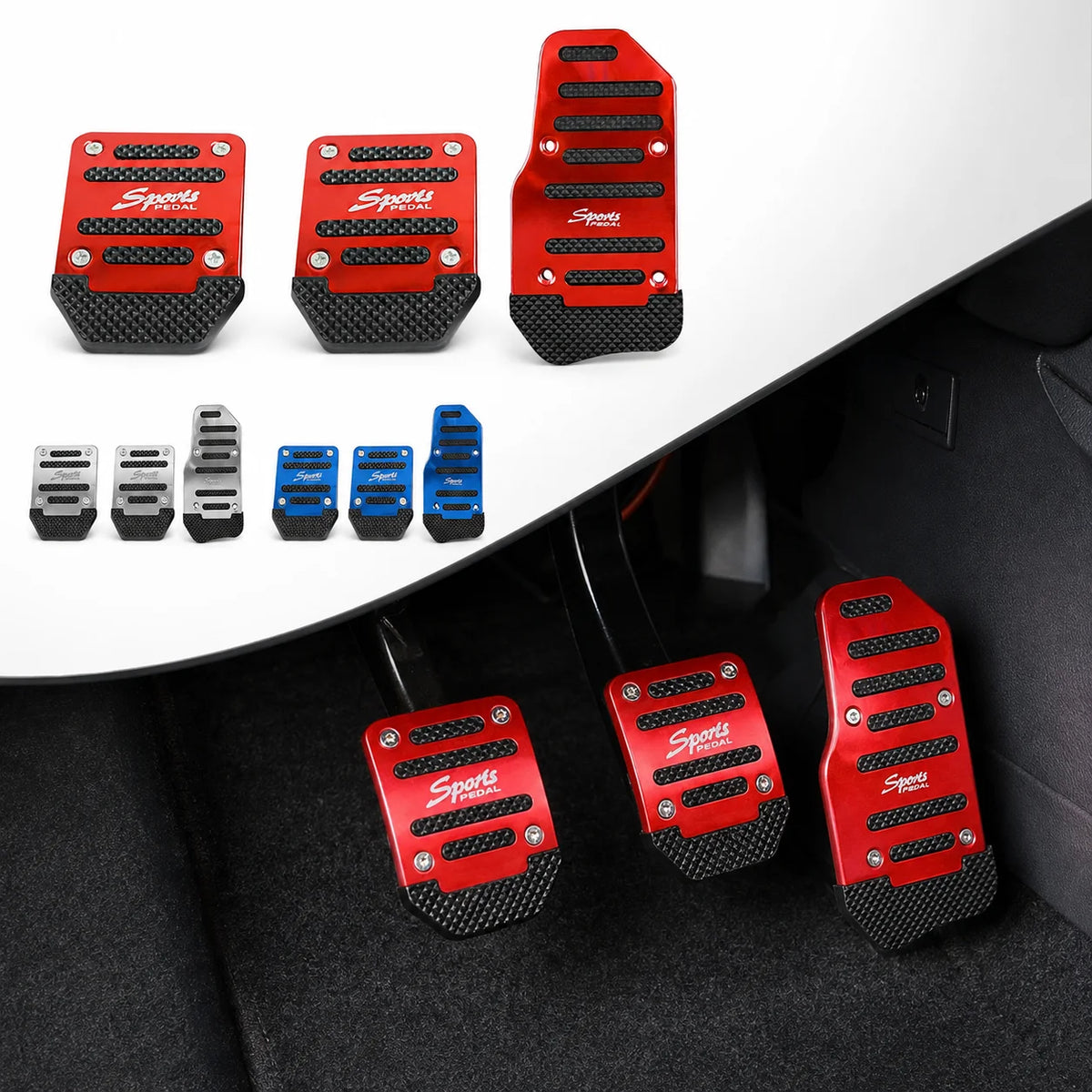 A collection of red and black aluminum pedal covers for a car, shown in various shapes and sizes.