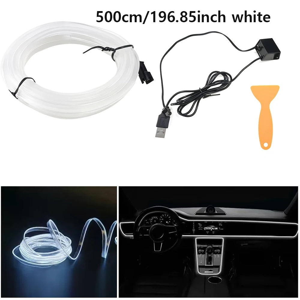 White flexible USB EL wire ambient light strip for car interiors shown in various forms.